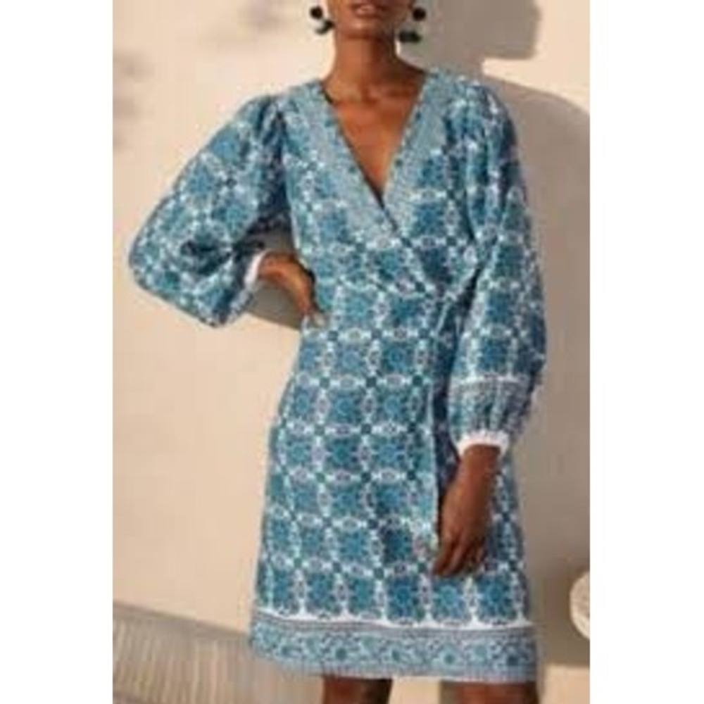 Boden Women Teal Blue White Linen Floral Tile Print Long Sleeve Shift Dress 6